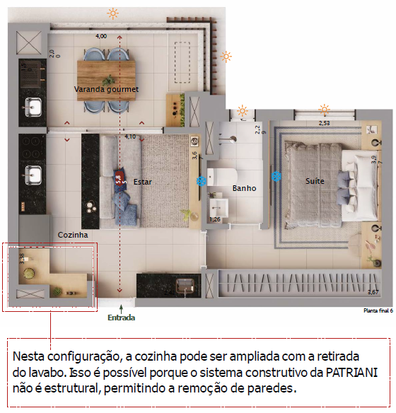 Planta 47m2 com cozinha ampliada